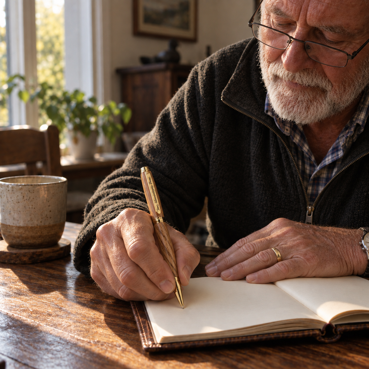 An older man with glasses and a white beard writes in a leather-bound journal with a gold pen, seated at a wooden table in a warmly lit room.