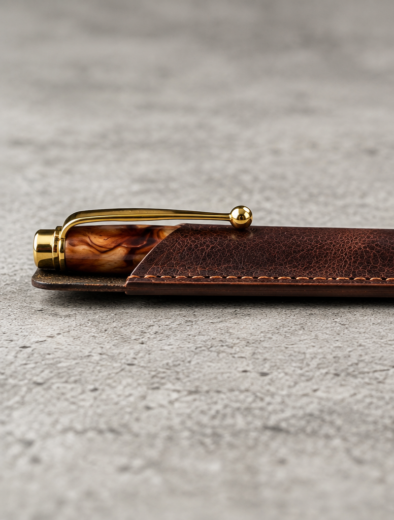 A close-up of a brown leather pen sleeve with a gold-toned metal clip and a marbled amber-brown handle, resting horizontally on a textured gray concrete surface.